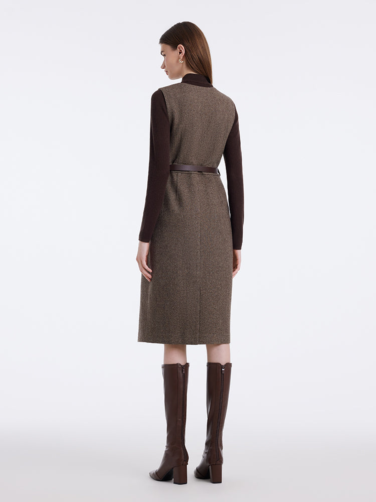 Washable Wool Vest Dress And Knitted Sweater Two-Piece Set With Belt