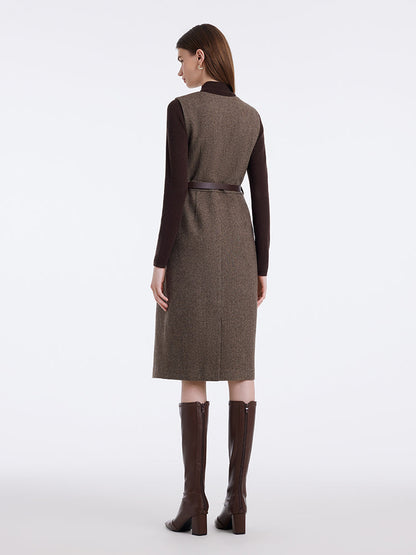 Washable Wool Vest Dress And Knitted Sweater Two-Piece Set With Belt