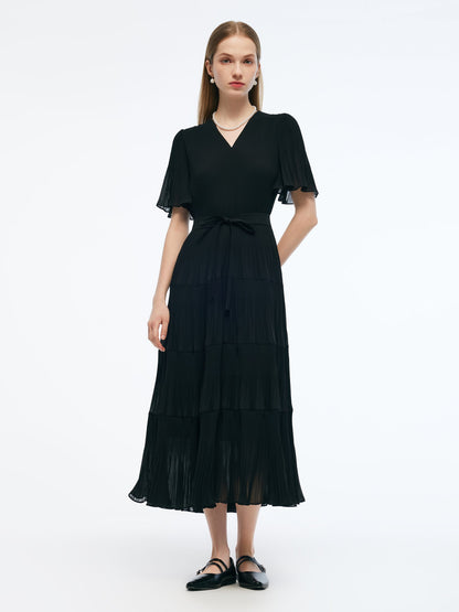 Pleated V-Neck Women A-Line Tie Belt Maxi Dress