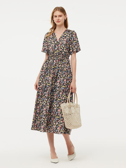 Cotton Puff Sleeve Drawstring Waist Floral Print Women Midi Dress