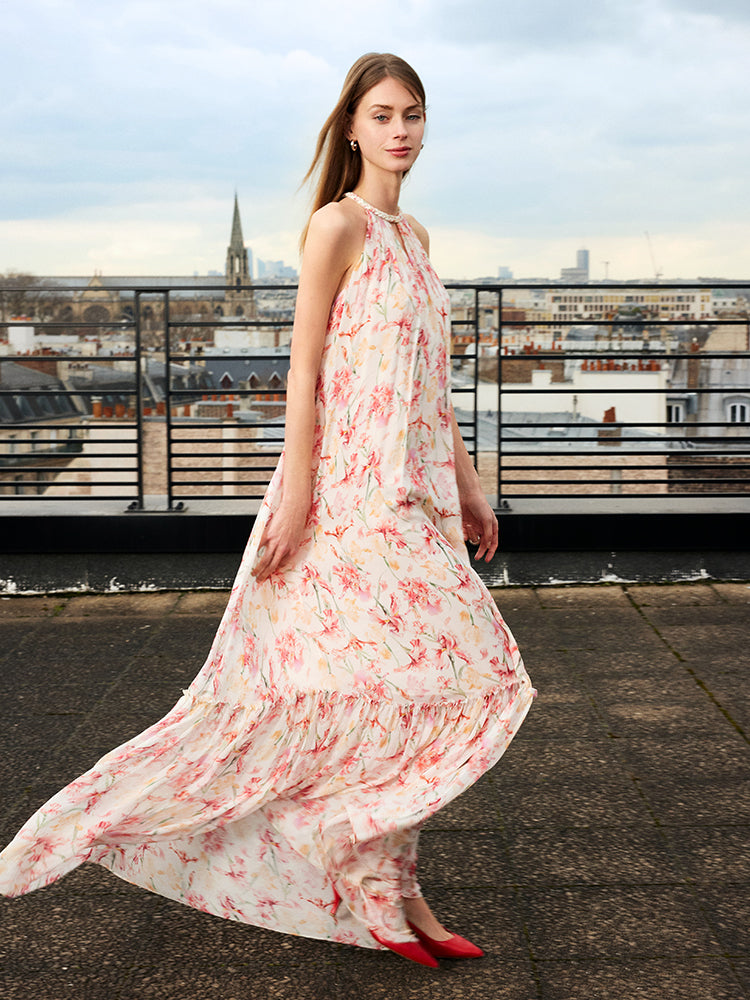 10 Momme Mulberry Silk Iris Print Halter Ruffle Women Maxi Dress