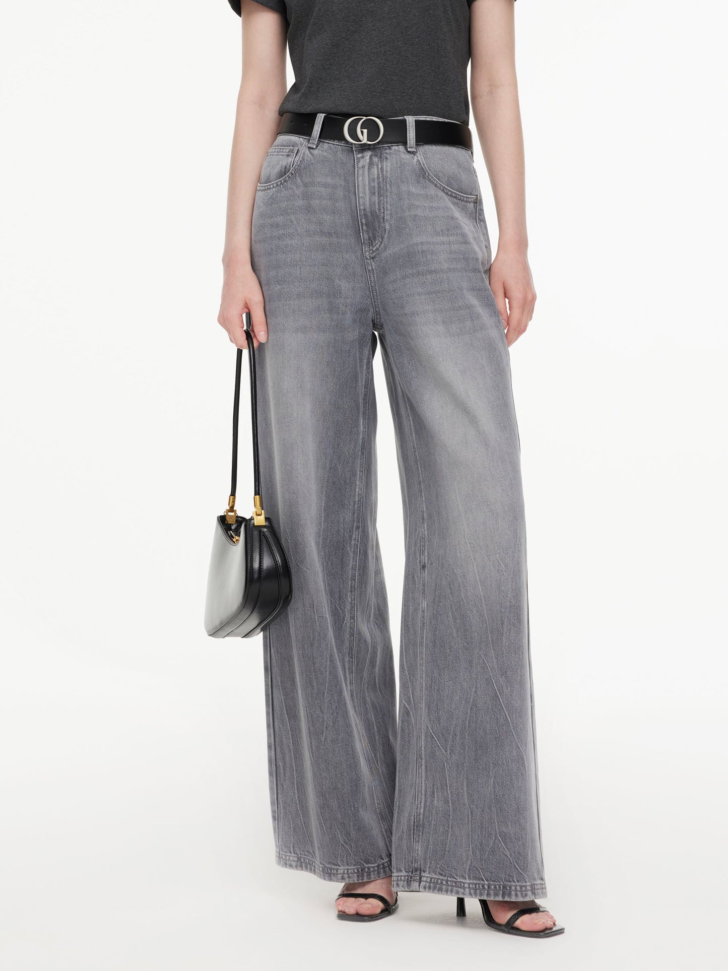 Lyocell Cotton Blend Denim Women Straight Wide Leg Jeans With Leather Belt