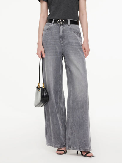 Lyocell Cotton Blend Denim Women Straight Wide Leg Jeans With Leather Belt