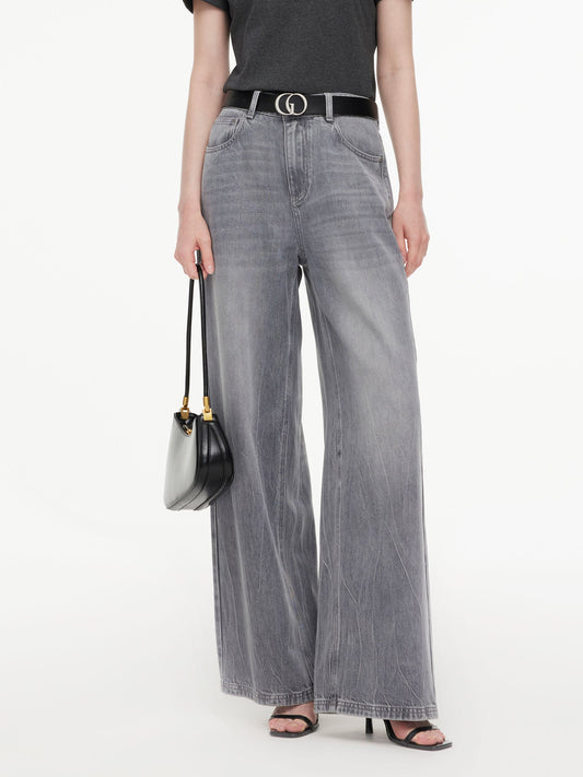 Lyocell Cotton Blend Denim Women Straight Wide Leg Jeans With Leather Belt