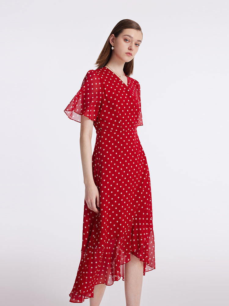 10 Momme Mulberry Silk Polka Dots Print Wrapped Ruffle Women Midi Dress