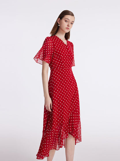 10 Momme Mulberry Silk Polka Dots Print Wrapped Ruffle Women Midi Dress