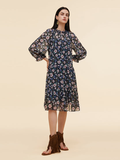 10MM Mulberry Silk Floral Print Women Ruffle Collar Midi Dress