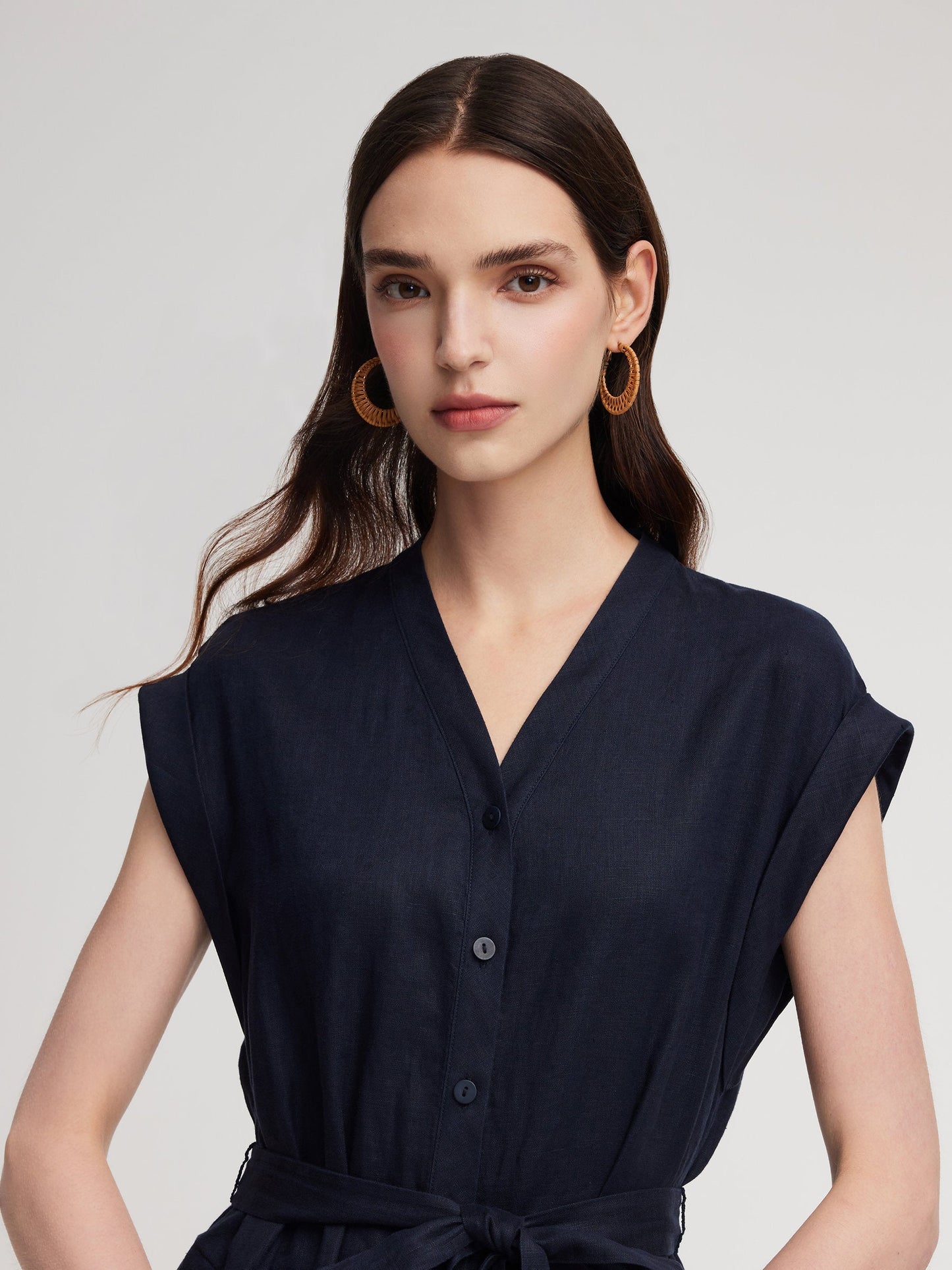 100% Linen V-Neck Women Self-Tie Belt Maxi Dress With Skirt Lining