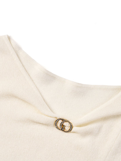 [Preview] Wool Blend Boat Neck Women Knit Top With GO Letter Clip