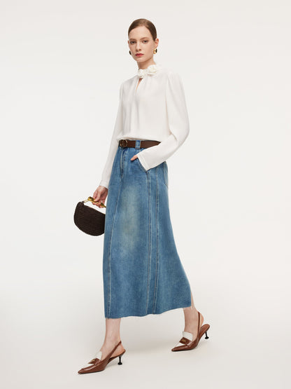 Lyocell Cotton Blend Denim Frayed Hem Women Skirt With Belt