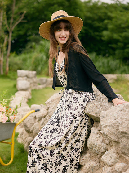 Camellia Print Spaghetti Strap Dress And Knitted Cardigan Two-Piece Set