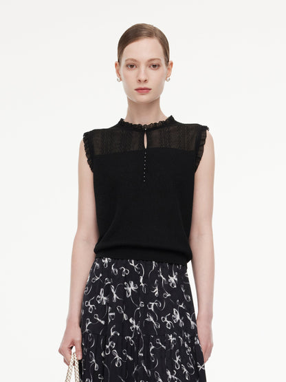 Jacquard Cut Out Neckline Women Ruffle Knit Tank Top