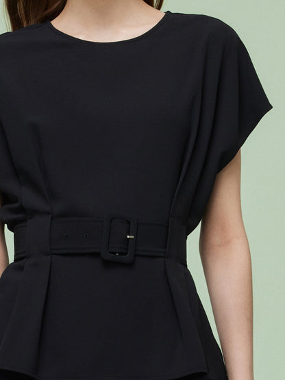 Four-Way Stretch Top And Ankle Length Pants Two-Piece Set With Belt