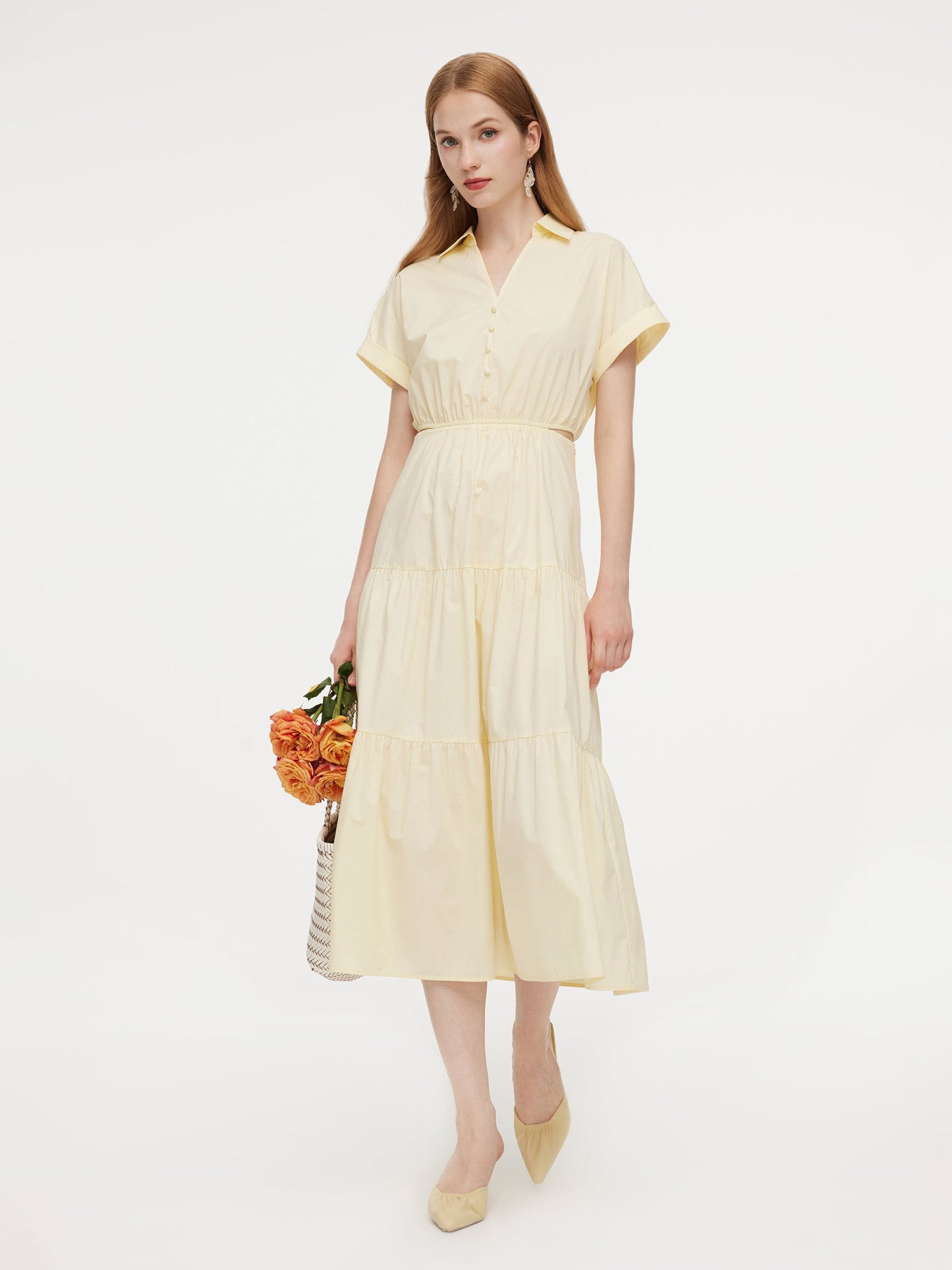 100% Cotton V-Neck Back Tie Women Maxi Shirt Dress