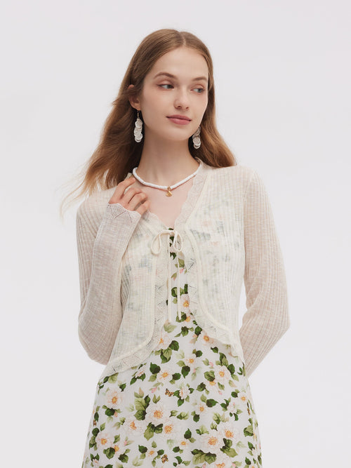 Wavy Trim Tie Front Women Cardigan