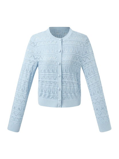 Cotton Openwork Women Round Neck Cardigan