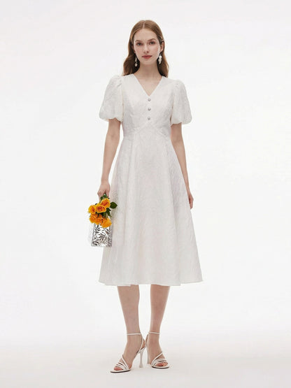 [Preview] Jacquard V-Neck Women Puff Sleeve Maxi Dress