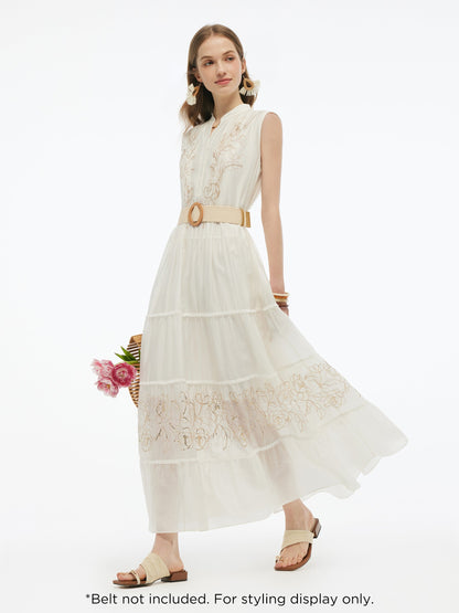Tencel Blend Embroidered Women Maxi Vest Dress With Tie String Belt
