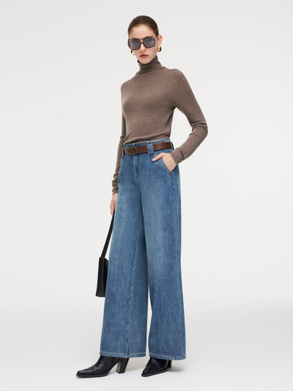 100% Cotton Denim Fleece Lined Women Wide Leg Jeans