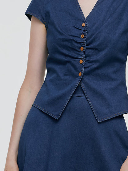 Pre-Order Denim V-Neck Top And Midi Skirt Two-Piece Set