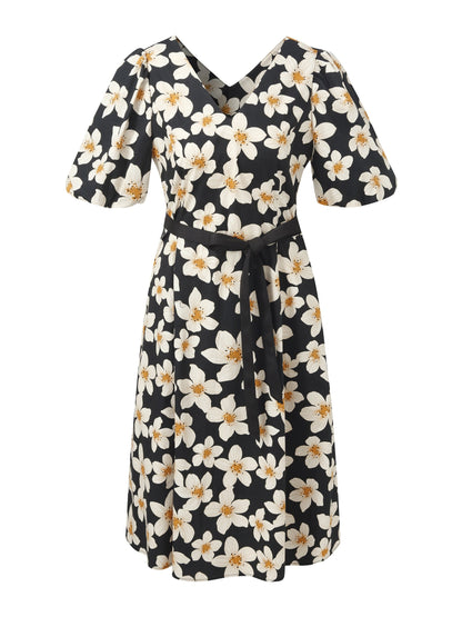 Cotton Stretch Floral Print Women Tie Belt Midi Dress