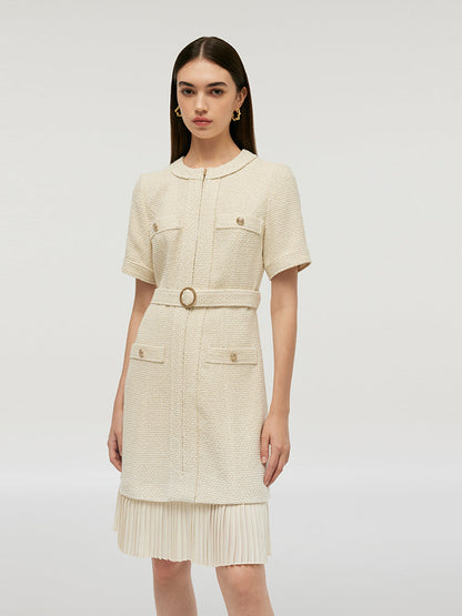 Wool Blend Tweed Women Mini Dress With Belt