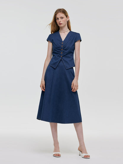 Pre-Order Denim V-Neck Top And Midi Skirt Two-Piece Set