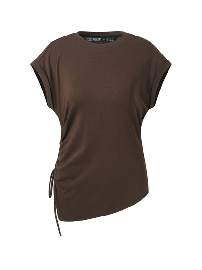 Stretch Asymmetric Hem Women Drawstring Cap Sleeve Knit Top