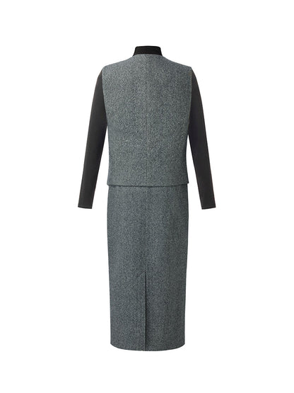 Washable Wool Vest And Skirt And Knit Top Three-Piece Set