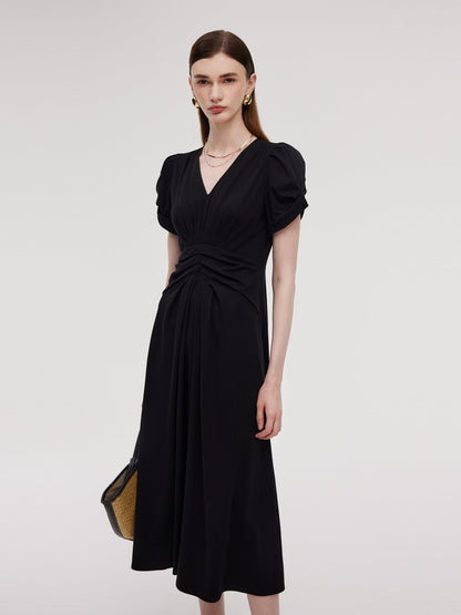 Pre-Order Pleated V-Neck Women Knit Maxi Dress
