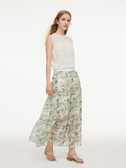 Jacquard Cut Out Neckline Women Ruffle Knit Tank Top