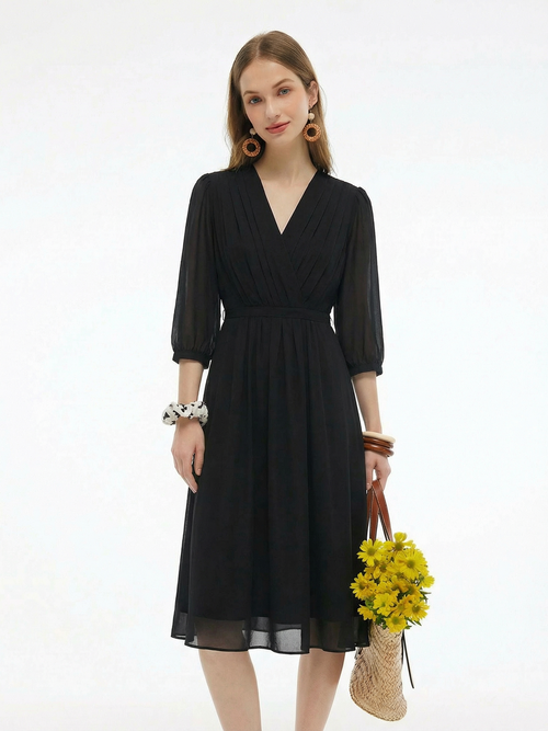 V-Neck Pleated Lace Up Wrap Midi Dress
