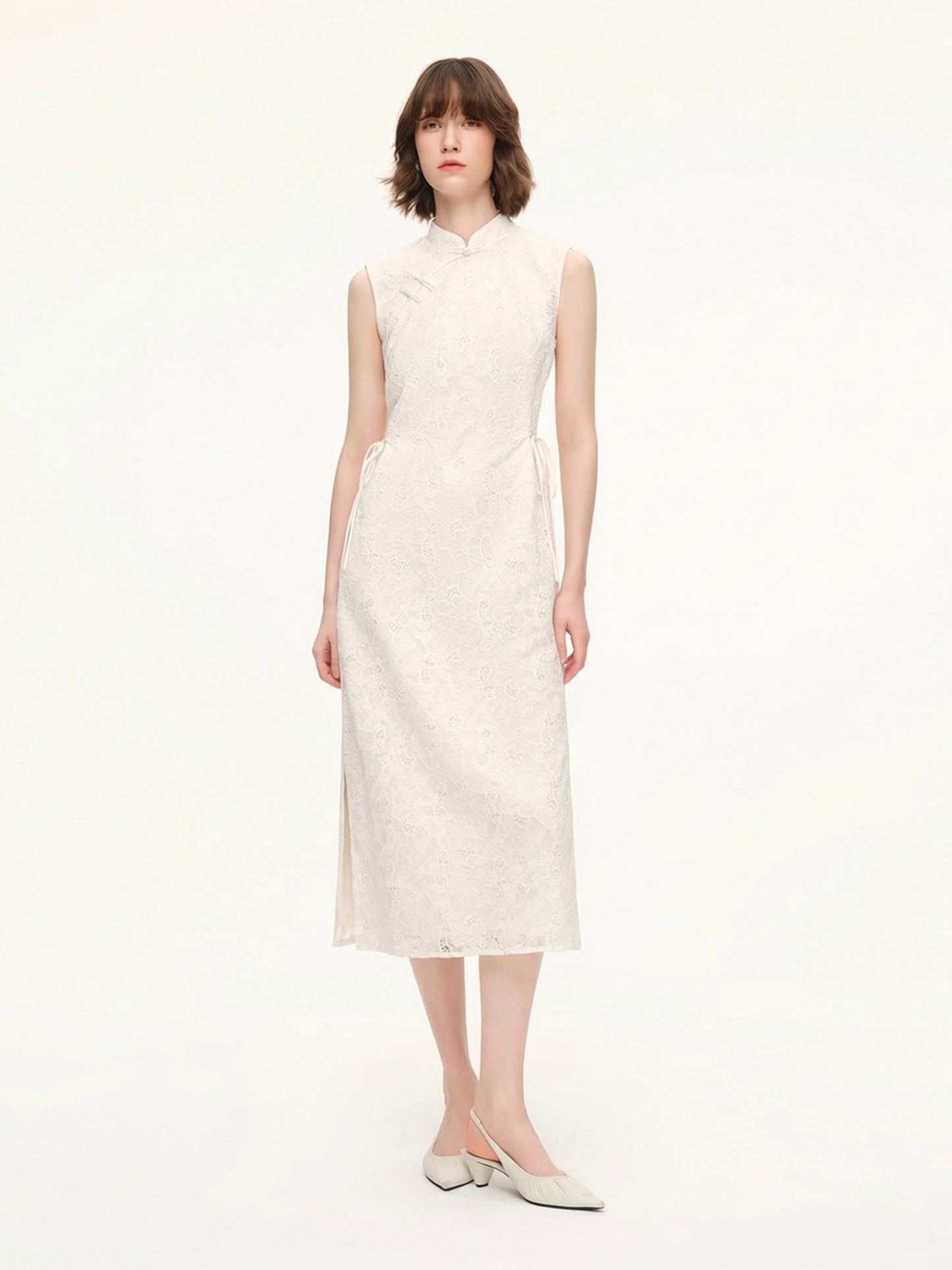 Lace Sequins Adjustable Drawstring Waist Women Qipao Midi Dress