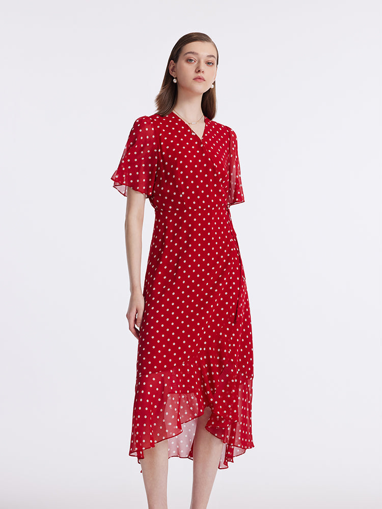 10 Momme Mulberry Silk Polka Dots Print Wrapped Ruffle Women Midi Dress