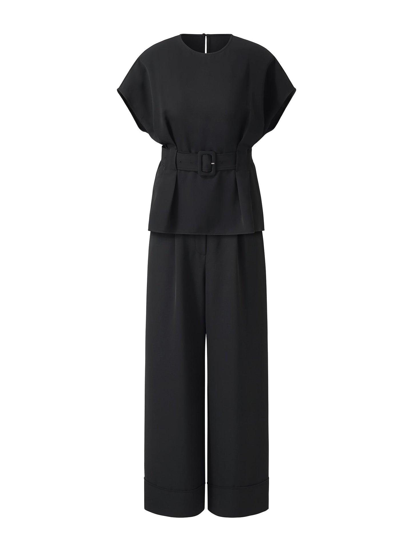 Four-Way Stretch Top And Ankle Length Pants Two-Piece Set With Belt