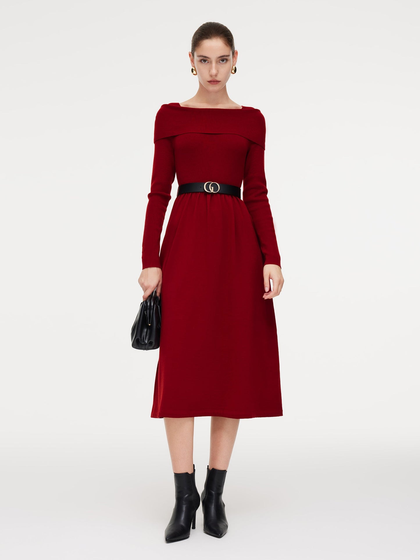 Tencel Wool Blend Boat Neck Women Knit Maxi Dress With Leather Belt