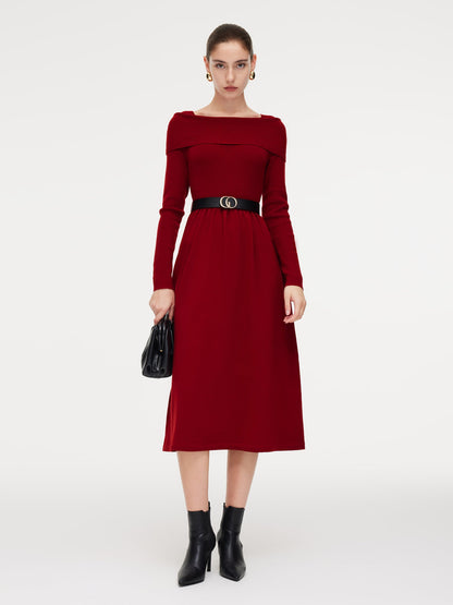 Tencel Wool Blend Boat Neck Women Knit Maxi Dress With Leather Belt