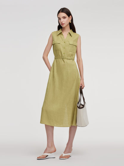100% Linen Sleeveless Women Maxi Shirt Dress With Belt