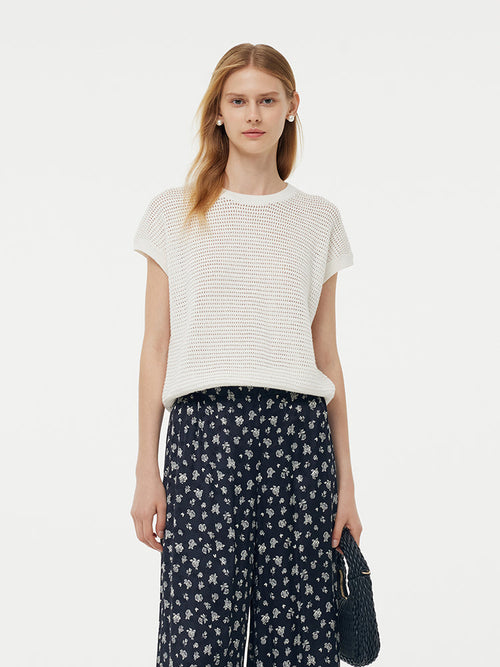 Linen Cotton Sequins Women Open-Knit Top