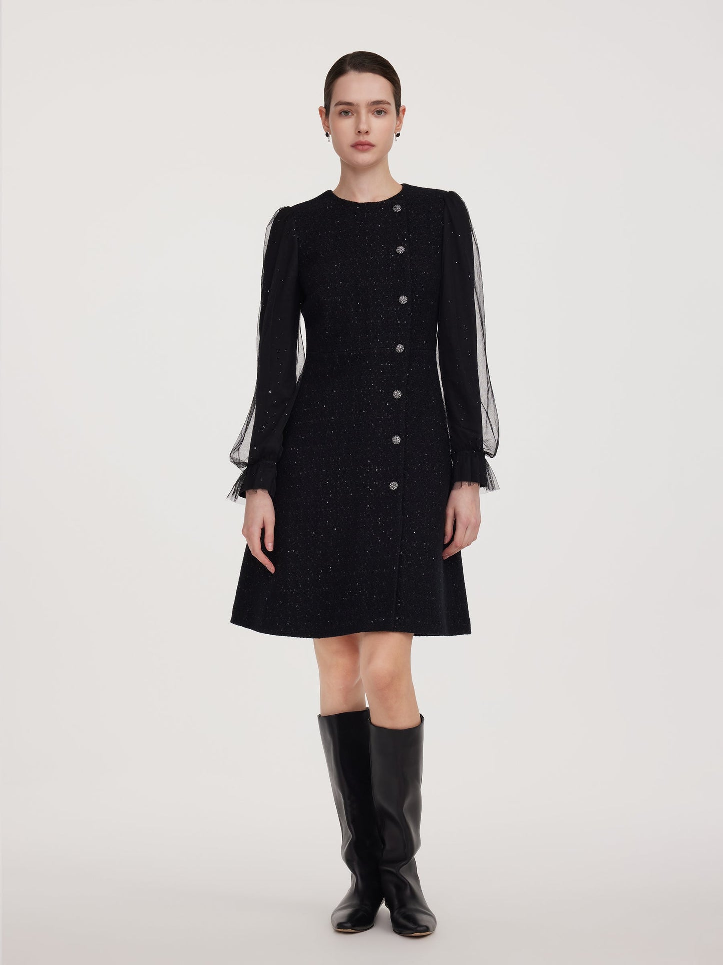 Wool Blend Tweed Sequins Women Long Sleeve Mini Dress