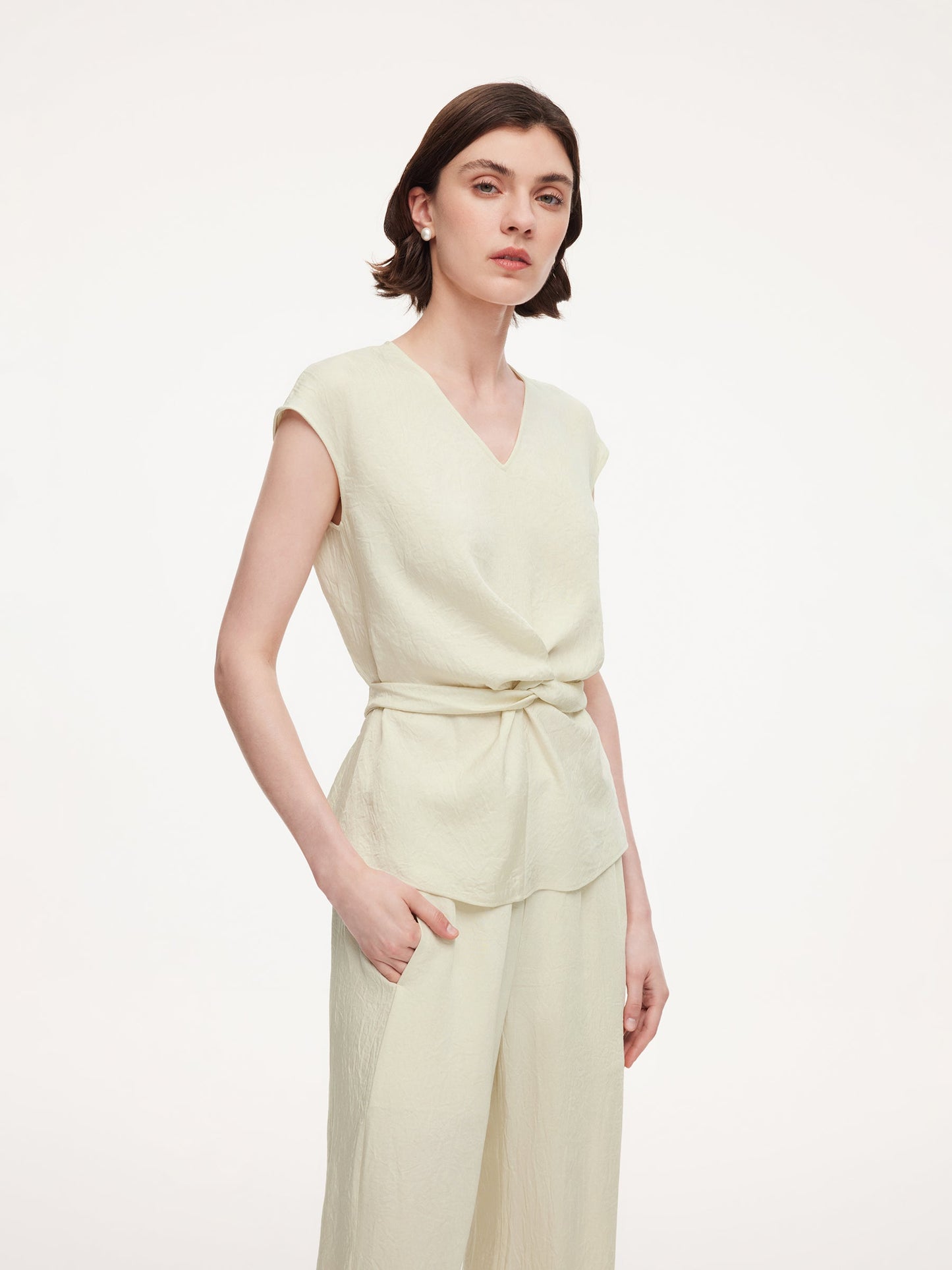 100% Acetate Back Tie Women Cap Sleeve Top