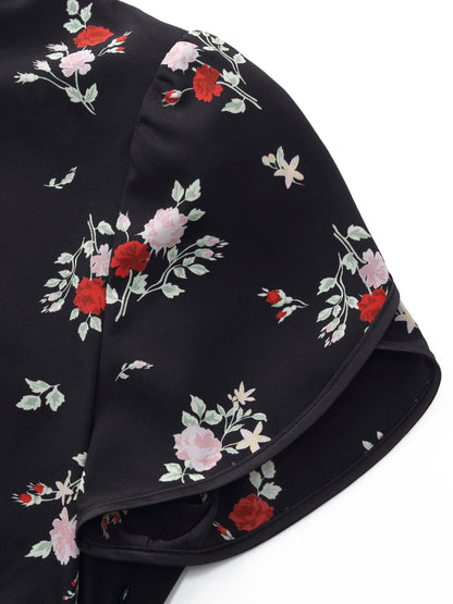16MM Mulberry Silk Rose Print Women Qipao Midi Dress