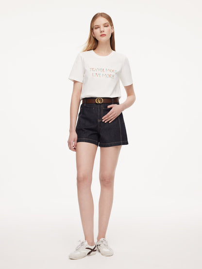 100% Cotton Beaded Letter Women T-Shirt