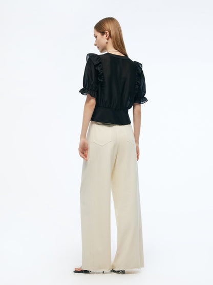 Tencel Blend Puff Sleeve Women Ruffe Patchwork Top