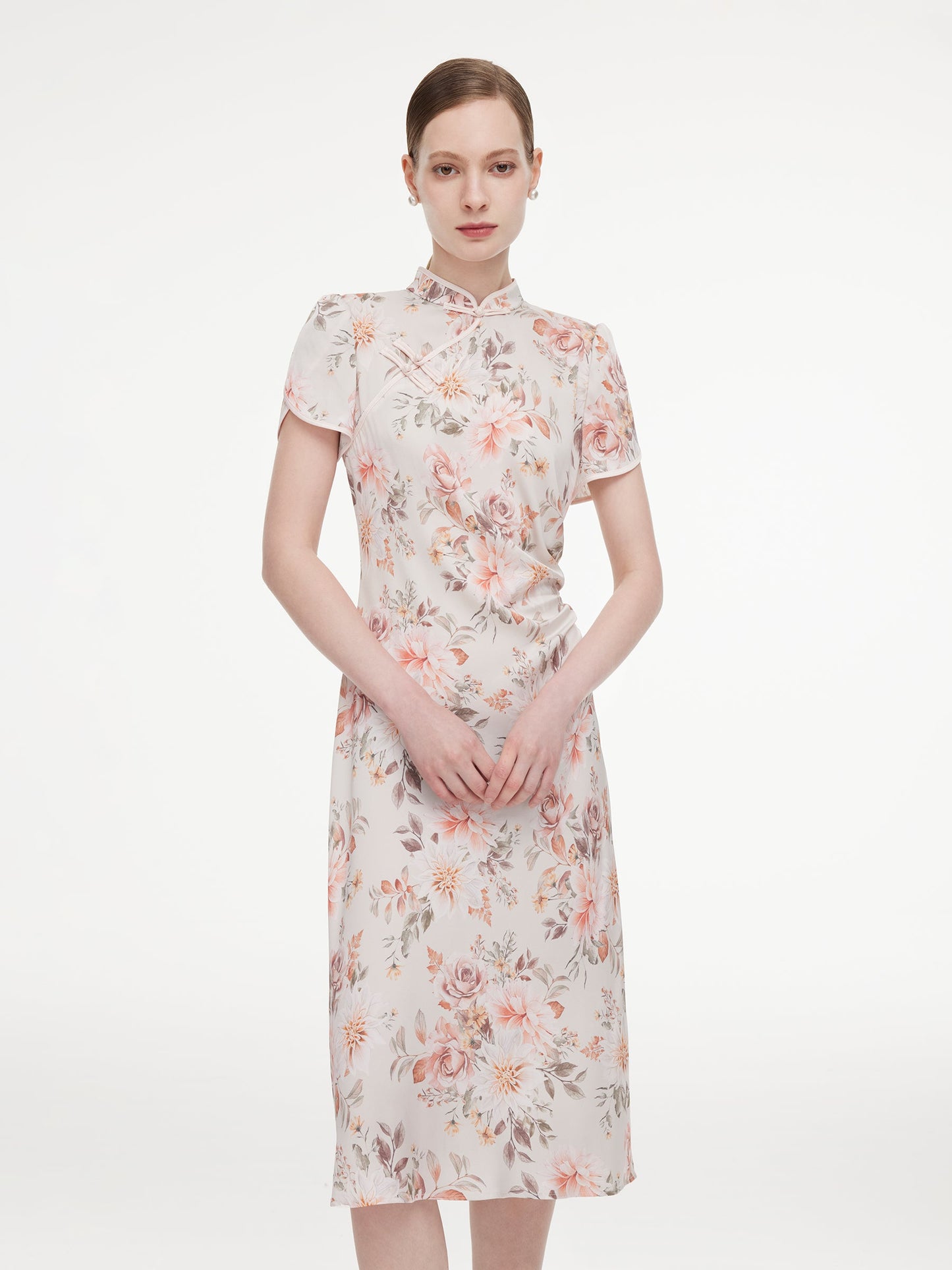 19MM Mulberry Silk Floral Print Women Qipao Midi Dress