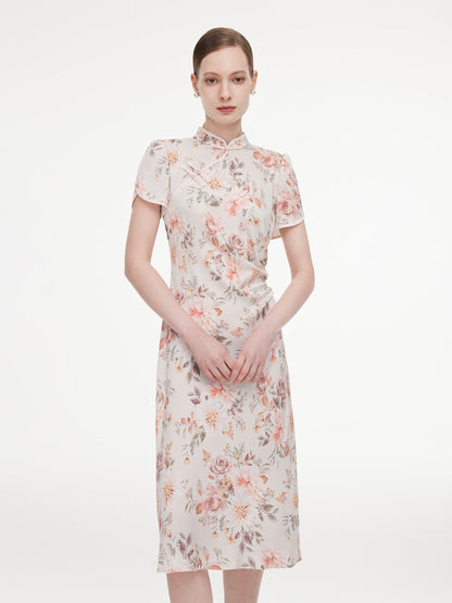 19MM Mulberry Silk Floral Print Women Qipao Midi Dress
