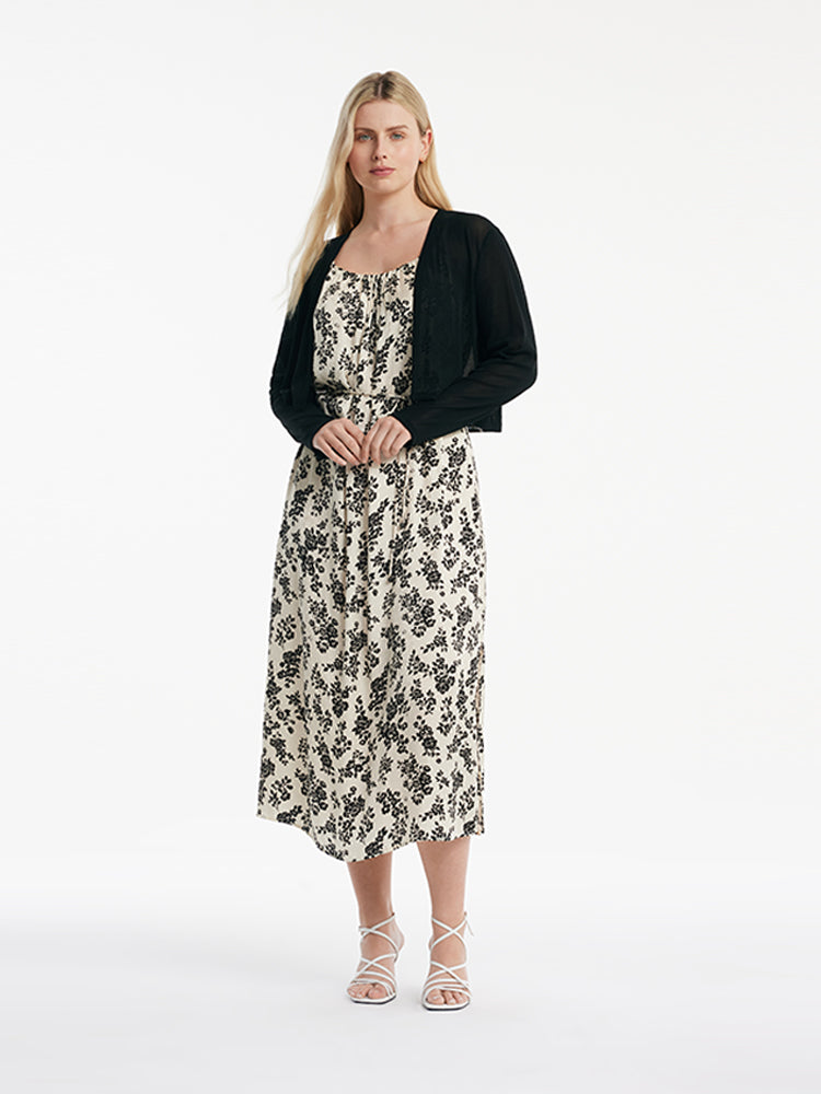 Camellia Print Spaghetti Strap Dress And Knitted Cardigan Two-Piece Set