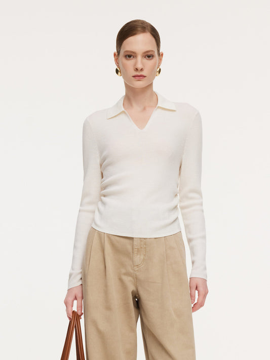 100% Wool V-Neck Ruched Women Polo Knit Top