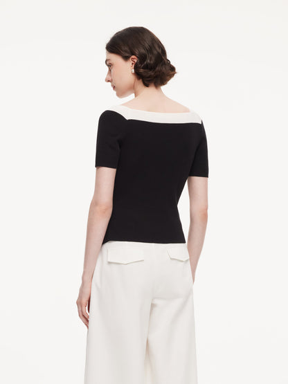Tencel Blend Color Block Women Cut-Out Knit Top