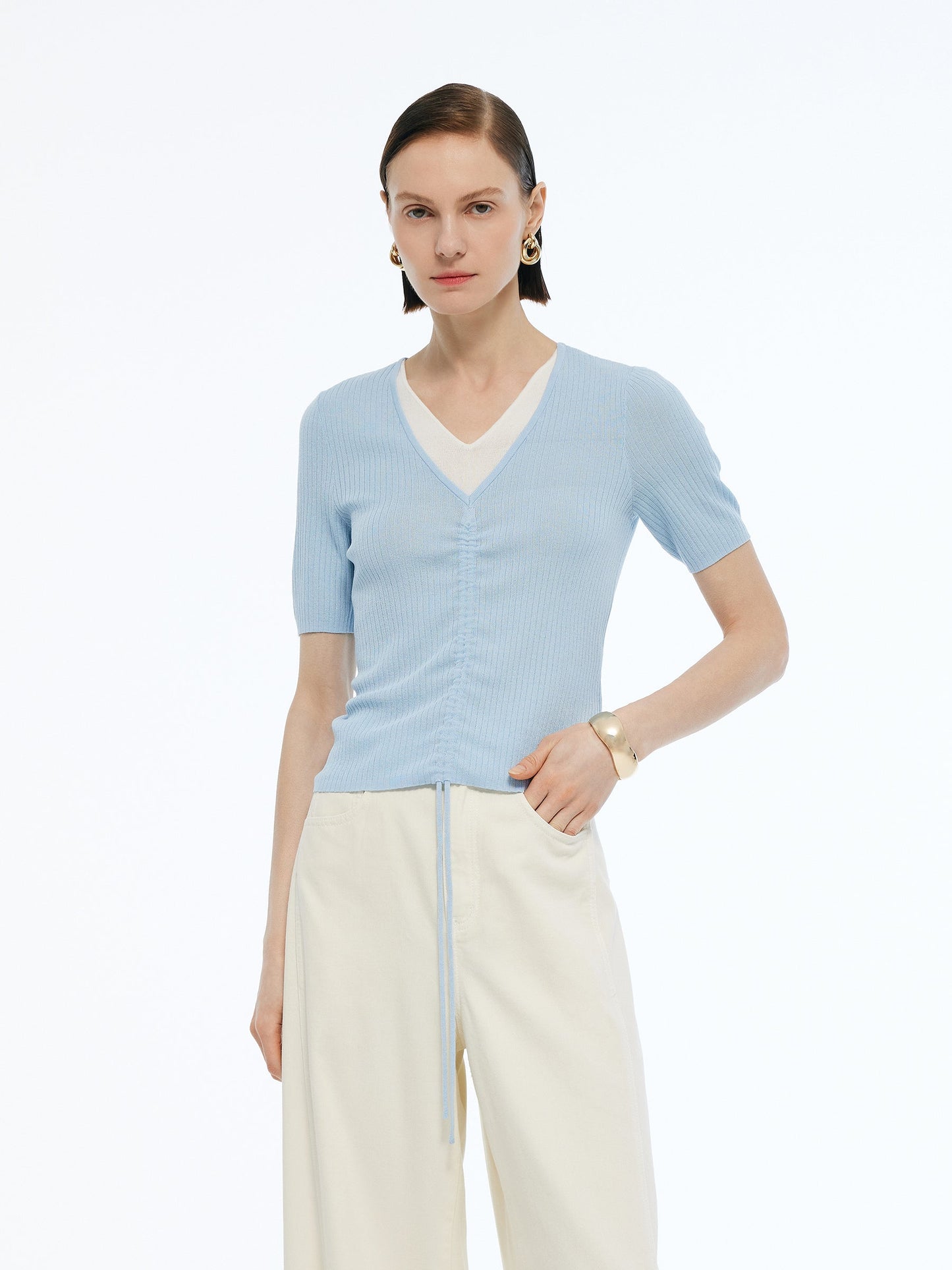 Lyocell Blend Drawstring Women Patchwork Knit Top
